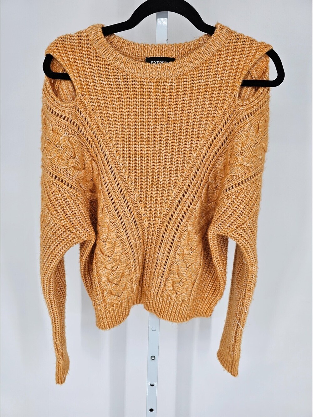 Express Womens Sz S Cold Shoulder Thick Knit Sweater Gold Yellow